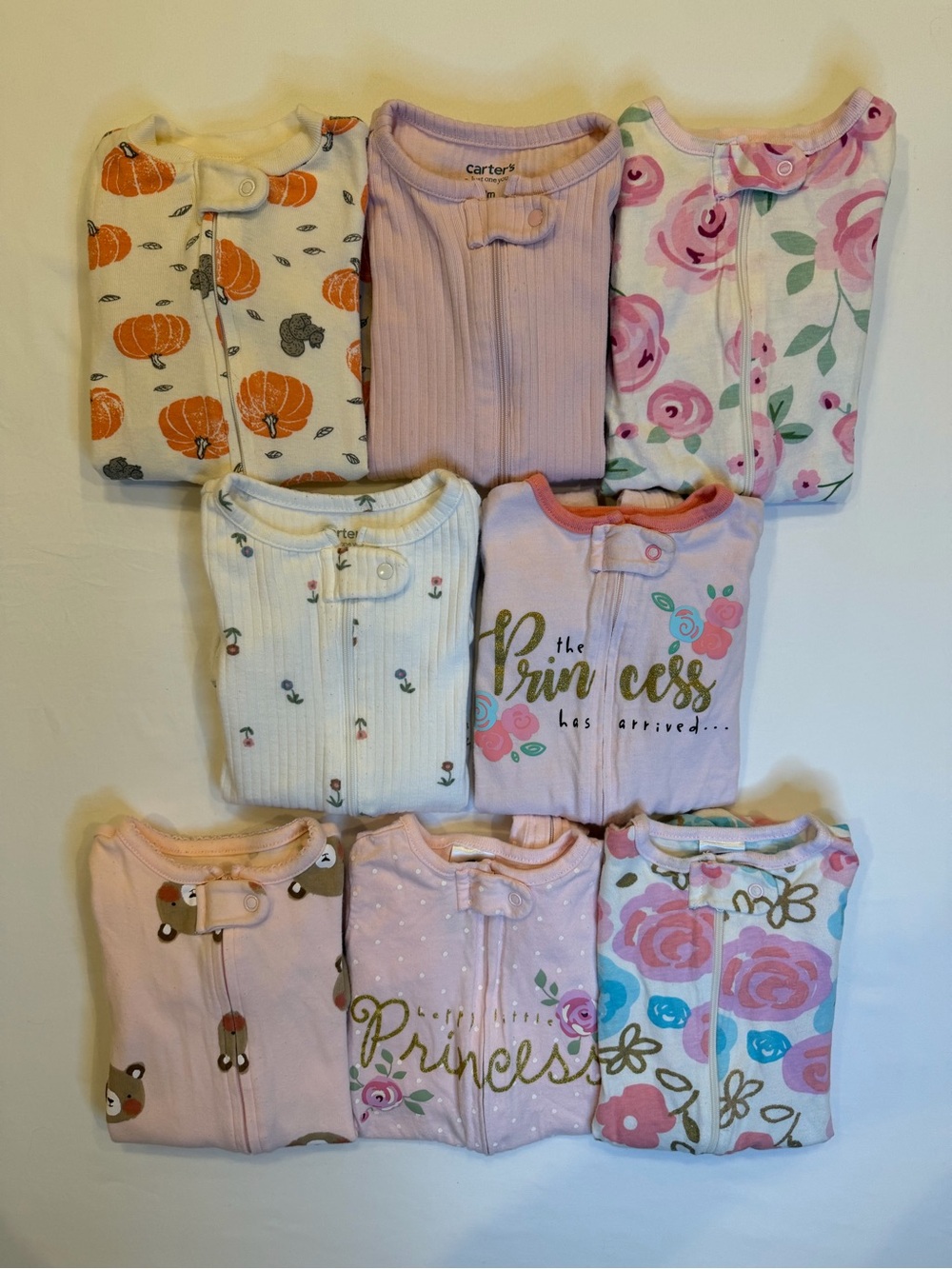 8pc Baby Girl Lot 3M Carter's Pumpkin & Gerber Princess Footed Pajama Bundle